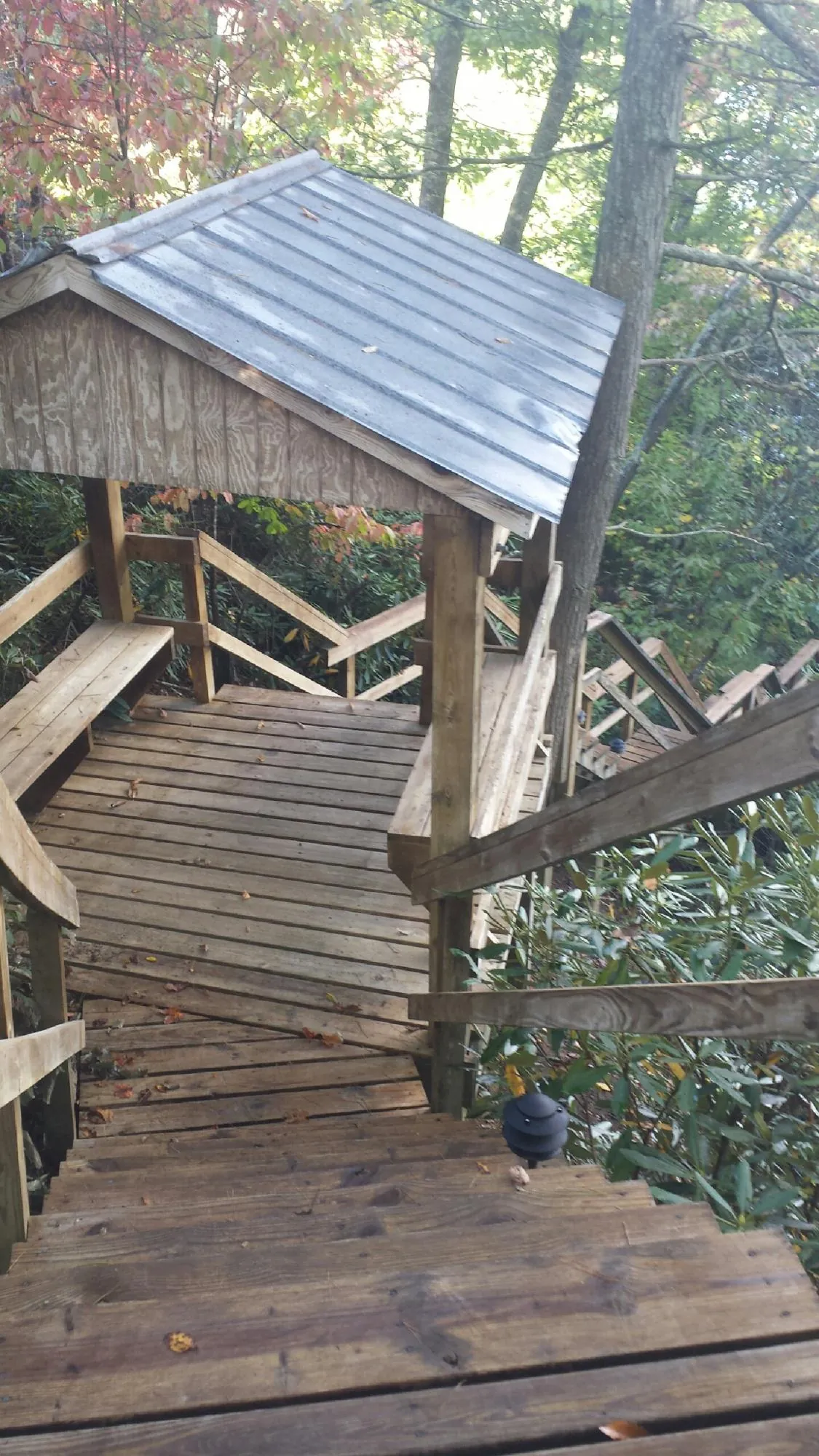 Metal roofed shelter over wooden steps on a wooded walkway — Skylight Repair & Installation work by our crew in Redlands